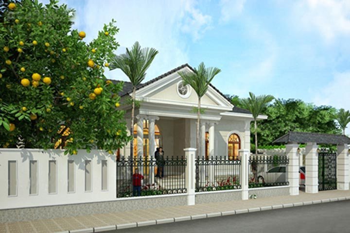 Phối cảnh góc nhìn bên trái từ cổng vào của biệt thự 1 tầng BT1432