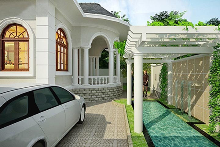 Phối cảnh góc sân vườn biệt thự đẹp 1 tầng BT1432