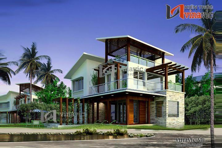 Biệt thự hiện đại 2 tầng kết hợp vật liệu kính và gỗ BT1421