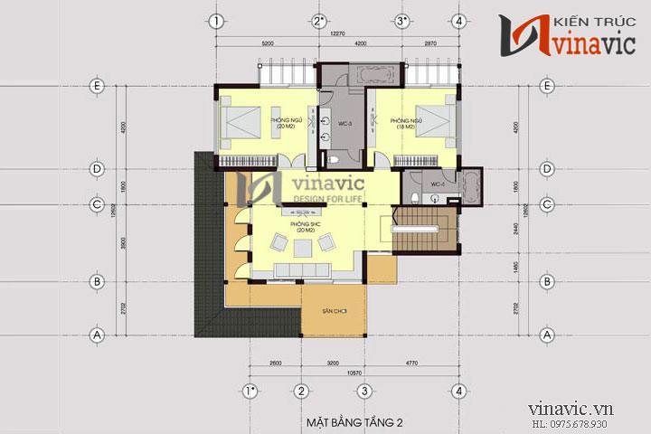 Mặt bằng tầng 2 mẫu nhà biệt thự hiện đại BT1426 