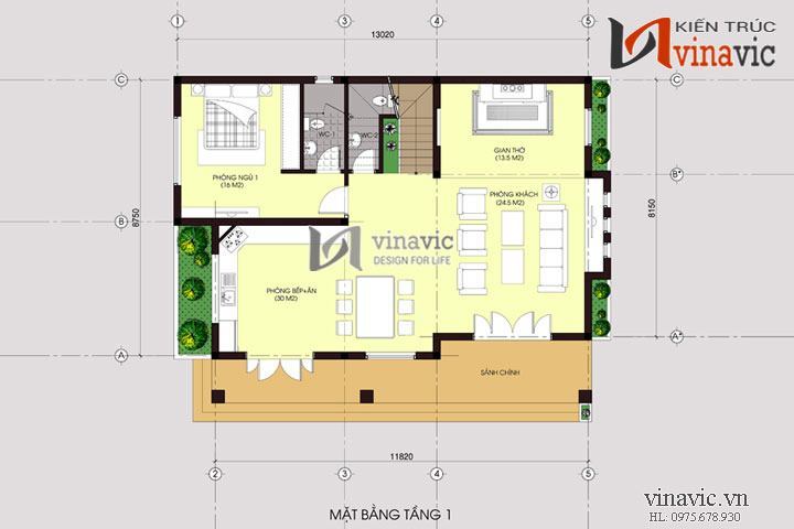 Mặt bằng tầng 1 Mẫu biệt thự nhà vườn 2 tầng BT1455