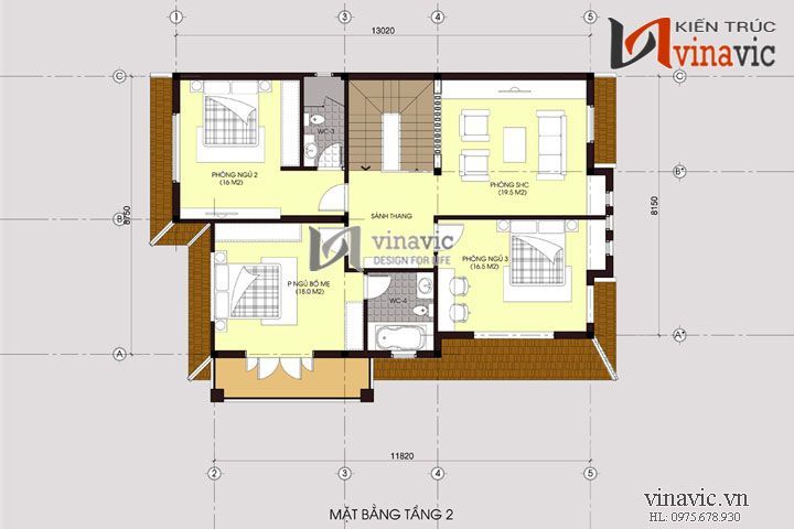 Mặt bằng tầng 2 Mẫu biệt thự nhà vườn 2 tầng BT1455
