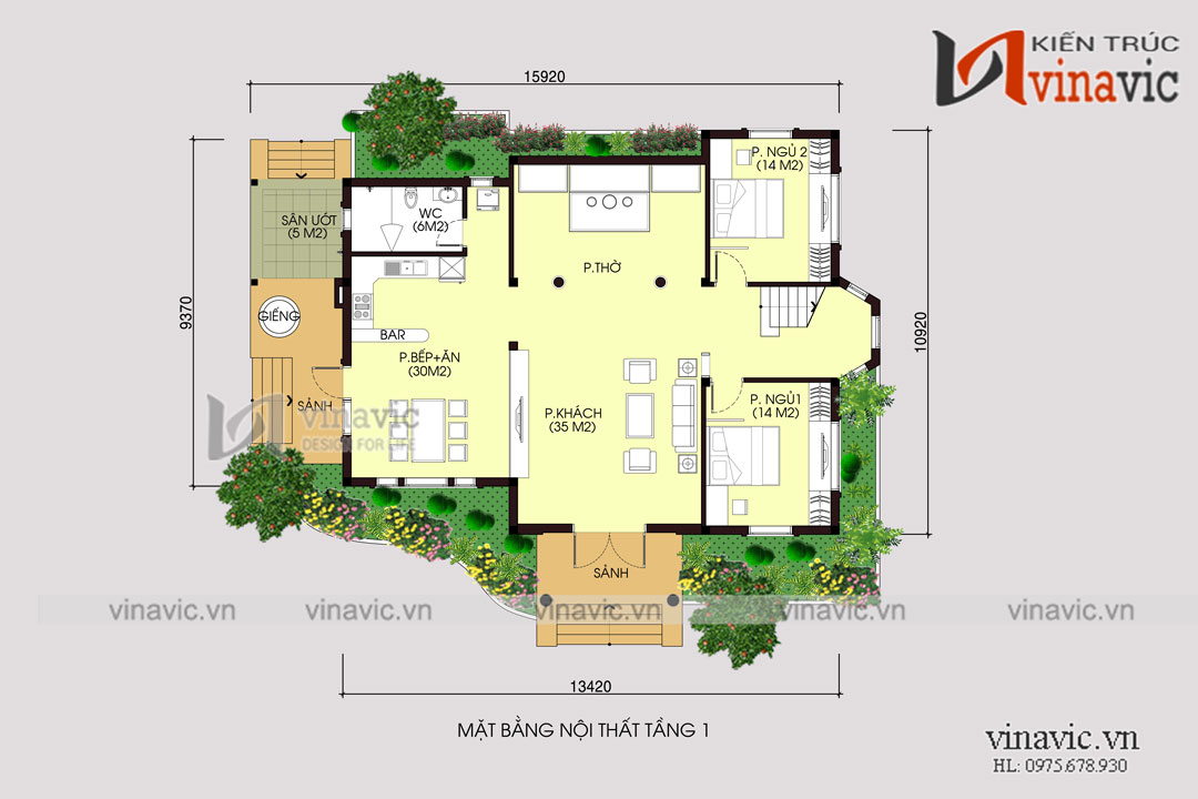 Mặt bằng công năng của mẫu biệt thự nhà vườn 1.5 tầng BT1420