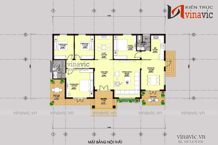 Mặt bằng công năng mẫu thiết kế biệt thự nhà vườn 1 tầng đẹp BT1444