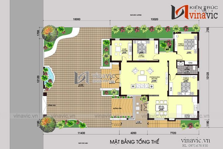 Mặt bằng tổng thể mẫu nhà biệt thự mái thái 1 tầng phong cách hiện đại BT1510