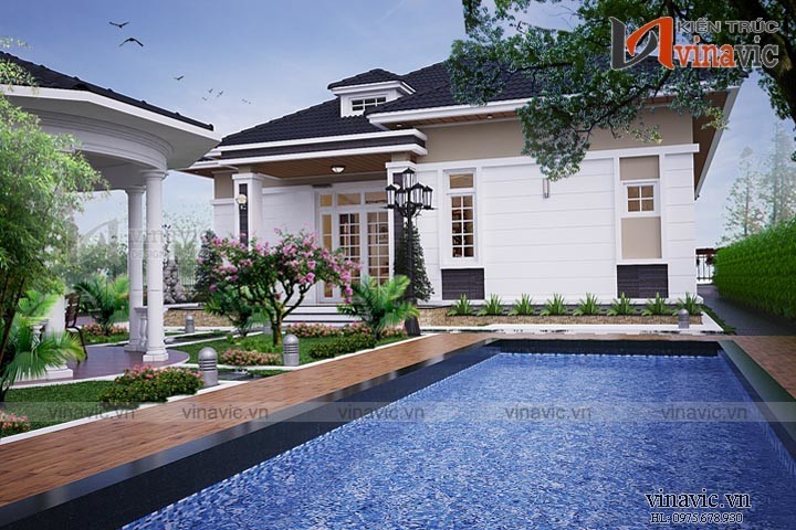 Phối cảnh góc sân vườn mẫu thiết kế biệt thự vườn 1 tầng BT1514