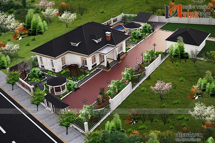 Phối cảnh góc nhìn khác mẫu thiết kế biệt thự vườn 1 tầng BT1514