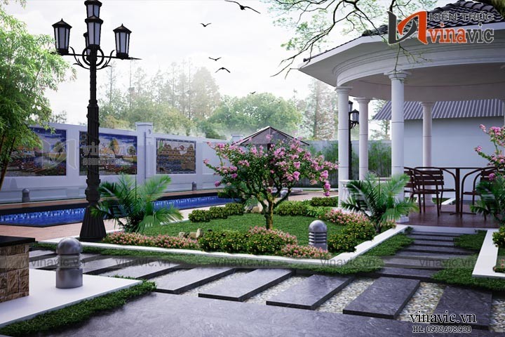 Phối cảnh góc sân vườn mẫu thiết kế biệt thự vườn 1 tầng BT1514
