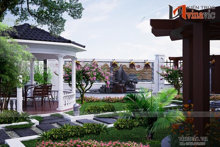 Phối cảnh góc sân vườn mẫu thiết kế biệt thự vườn 1 tầng BT1514