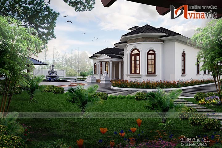 Cận cảnh đài phun nước khuôn viên thiết kế nhà vườn 1 tầng đẹp