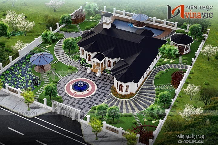 Phối cảnh góc phải mẫu nhà biệt thự vườn 1 tầng nhìn từ trên cao