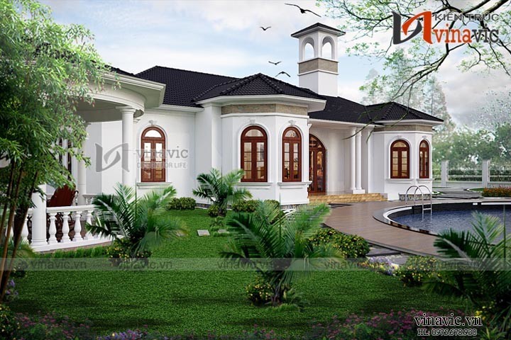Phối cảnh góc nhìn cạnh phía sau của khuôn viên biệt thự tân cổ điển 1 tầng đẹp BT1525 Phối cảnh góc nhìn cạnh phía sau của khuôn viên biệt thự tân cổ điển 1 tầng đẹp BT1525