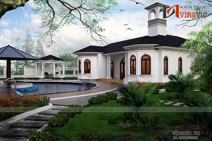 Phối cảnh góc nhìn khác bể bơi sân sau thiết kế nhà 1 tầng đẹp