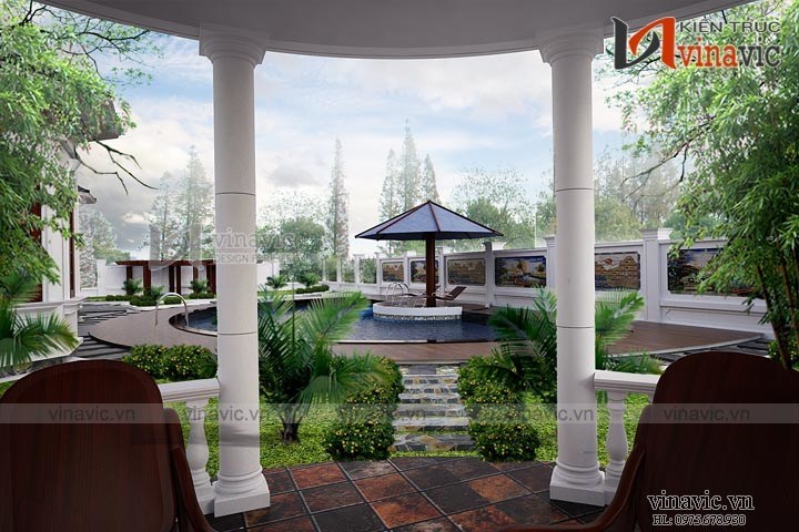 View bể bơi từ chòi nghỉ mát mẫu nhà 1 tầng 5 phòng ngủ 