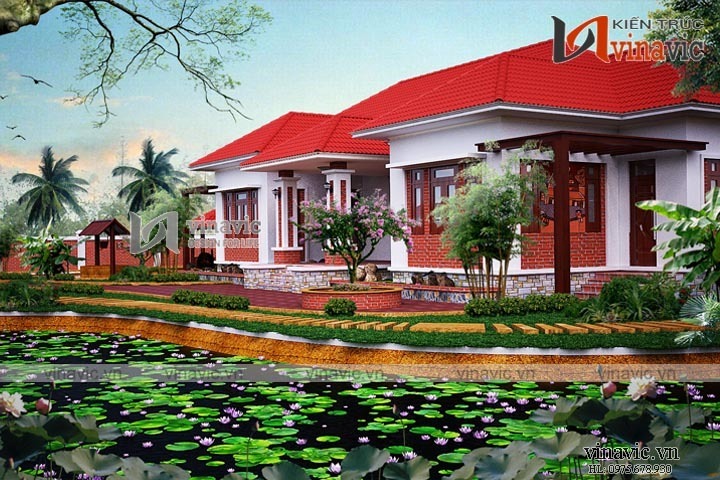 Phối cảnh góc nhìn nghiêng bên phải biệt thự nhà vườn đẹp 1 tầng BT1612 Phối cảnh góc nhìn nghiêng bên phải biệt thự nhà vườn đẹp 1 tầng BT1612