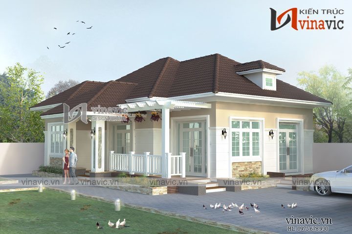 Phối cảnh góc nhìn nghiêng của nhà hình vuông phong cách hiện đại 1 tầng BT1618