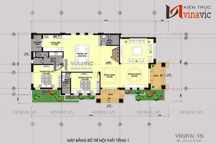 Mặt bằng tấng 1 Mẫu nhà 2 tầng 1 tum