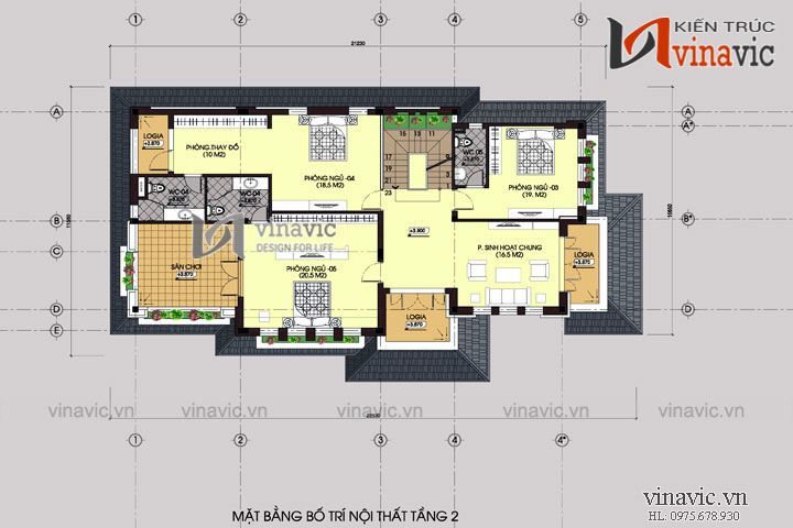 Mặt bằng tấng 2 Mẫu nhà 2 tầng 1 tum