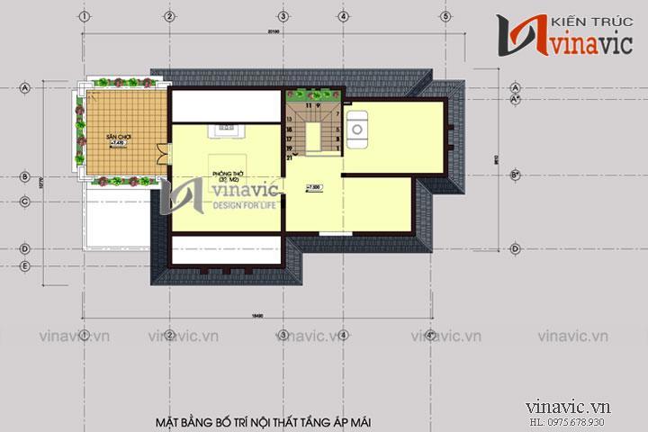 Mặt bằng tấng áp mái Mẫu nhà 2 tầng 1 tum