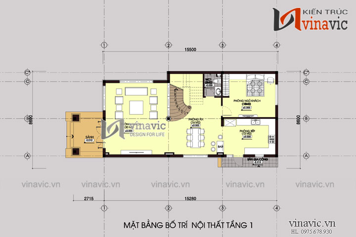 Mặt bằng tầng 1 Mẫu nhà đẹp 2 tầng mặt tiền 8m