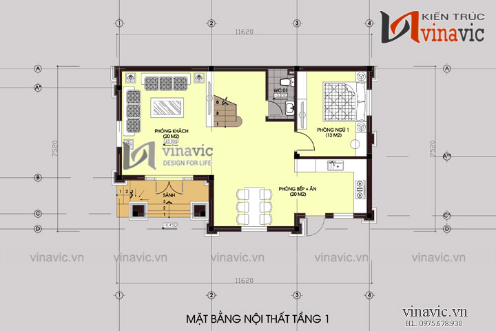 Mặt bằng nội thất tầng 1 Mẫu nhà đẹp 2 tầng 