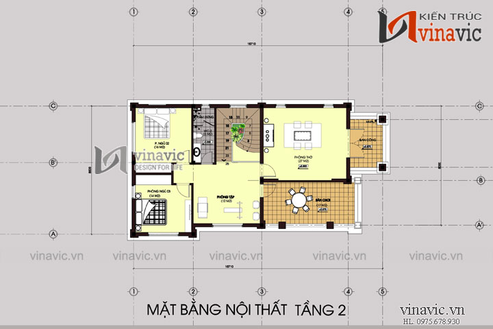 Mặt bằng nội thất tầng 2 mẫu nhà 2 tầng mái thái mặt tiền 8m