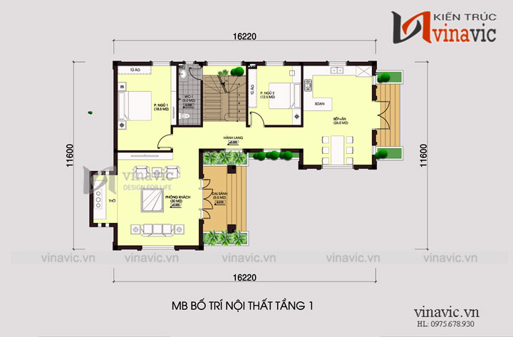 Mặt bằng tầng 1 biệt thự 2 tầng phong cách tân cổ điển 