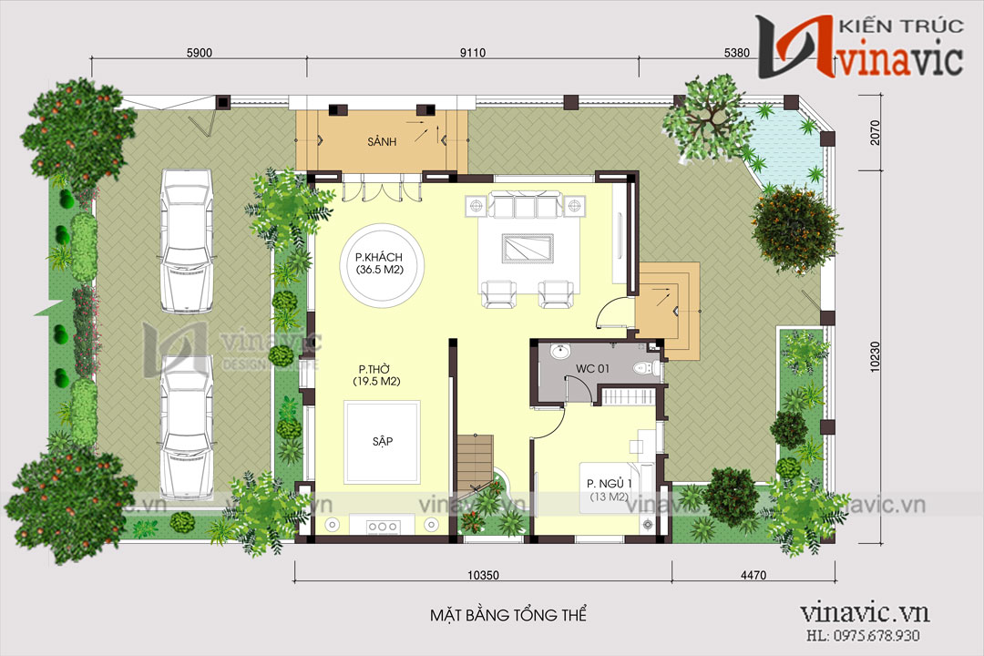 Mặt bằng tổng thể Biệt thự đẹp 2 tầng mái thái 130m2