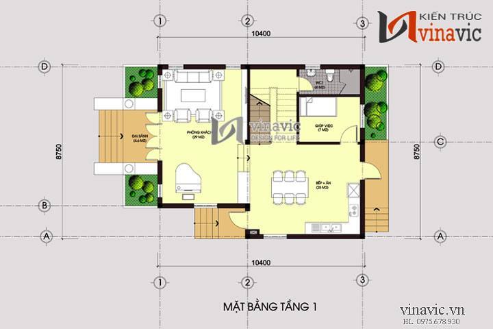 Mặt bằng tầng 1 Bản vẽ thiết kế biệt thự đẹp 2 tầng BT1459 