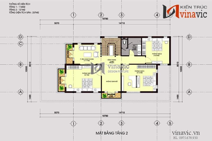 Mặt bằng tầng 2 Biệt thự phố 2 tầng BT1463