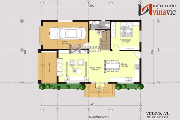 Mặt bằng tầng 1 Mẫu nhà 2 tầng mặt tiền 8m BT1467