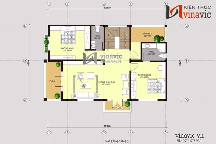 Mặt bằng tầng 2 Mẫu nhà 2 tầng mặt tiền 8m BT1467