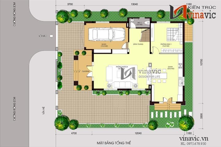 Mặt bằng tổng thể mẫu nhà biệt thự đẹp 2 tầng BT1474