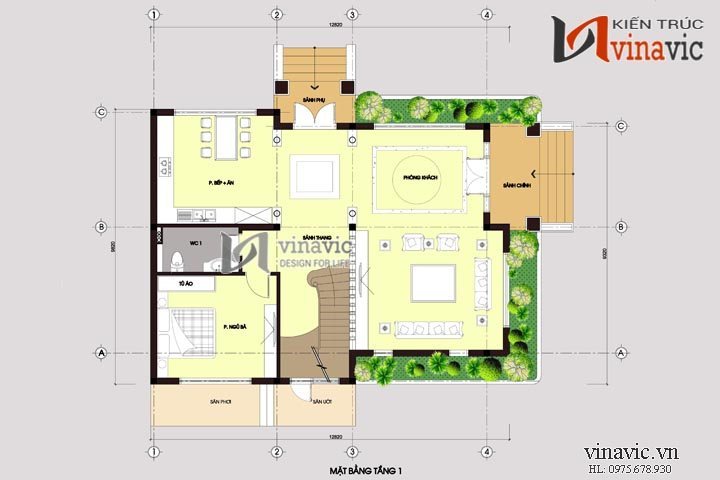 Mặt bằng tầng 1 mẫu nhà biệt thự đẹp 2 tầng BT1485