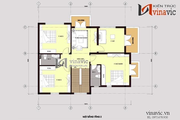 Mặt bằng tầng 2 mẫu nhà biệt thự đẹp 2 tầng BT1485