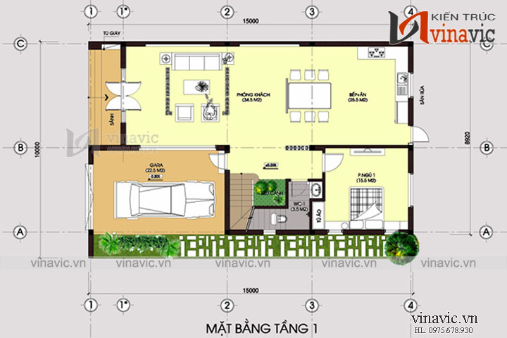 Mặt bằng tầng 1 Biệt thự 2 tầng mái thái ở nông thôn