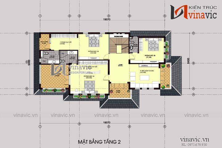Mặt bằng tầng 2 Thiết kế biệt thự 200m2 3 tầng mái thái hiện đại ở Nghệ An  BT1438