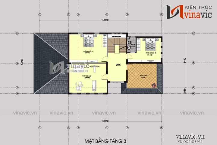 Mặt bằng tầng 3 Thiết kế biệt thự 200m2 3 tầng mái thái hiện đại ở Nghệ An  BT1438