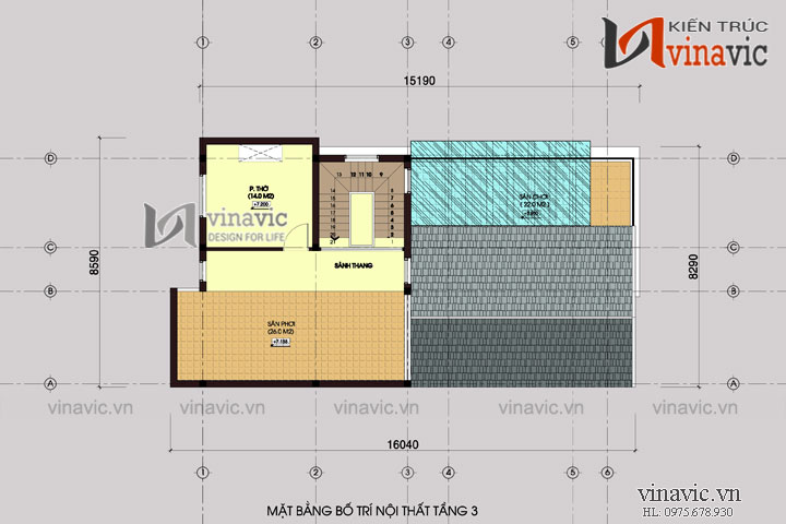 Mặt bằng tầng 3 Nhà phố mặt tiền 8m 3 tầng 100m2 thiết kế hiện đại ở Sơn La BT1493