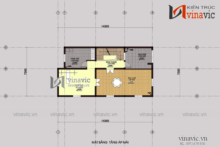 Mặt bằng tầng áp mái Mẫu nhà 4 tầng 110m2 mặt tiền rộng 7m thiết kế tân cổ điển BT1500