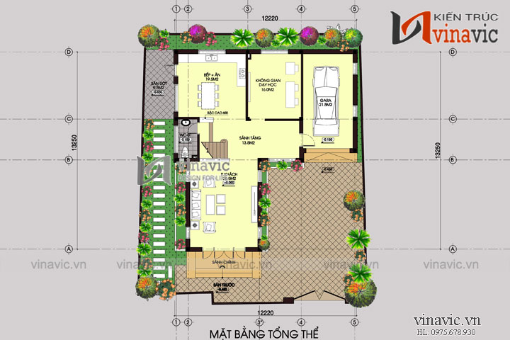 Mặt bằng tổng thể Mẫu nhà chữ L đẹp 3 tầng 100m2 3 phòng ngủ mặt tiền rộng 12m BT1505