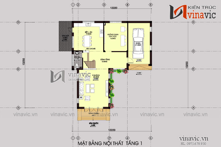 Mặt bằng tầng 1 Mẫu nhà chữ L đẹp 3 tầng 100m2 3 phòng ngủ mặt tiền rộng 12m BT1505