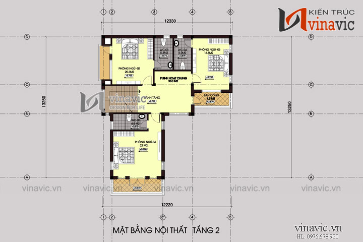 Mặt bằng tầng 2 Mẫu nhà chữ L đẹp 3 tầng 100m2 3 phòng ngủ mặt tiền rộng 12m BT1505