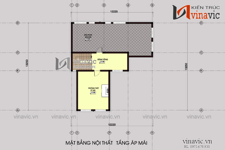 Mặt bằng tầng áp mái Mẫu nhà chữ L đẹp 3 tầng 100m2 3 phòng ngủ mặt tiền rộng 12m BT1505