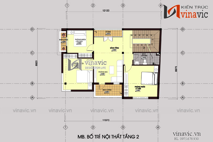 Mặt bằng tầng 2 Nhà 3 tầng 100m2 mặt tiền 9m 3 phòng ngủ P.Khách, P.Bếp, P.Thờ BT1506