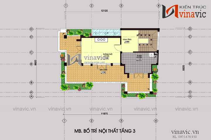 Mặt bằng tầng 3 Nhà 3 tầng 100m2 mặt tiền 9m 3 phòng ngủ P.Khách, P.Bếp, P.Thờ BT1506