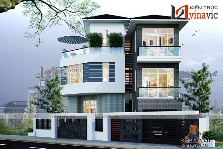 Mẫu nhà 3 tầng 150m2 1 tầng hầm mặt tiền 12m thiết kế hiện đại BT1619