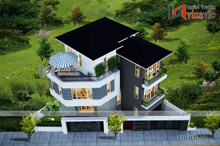 Góc nhìn khác Mẫu nhà 3 tầng 150m2 1 tầng hầm mặt tiền 12m thiết kế hiện đại BT1619