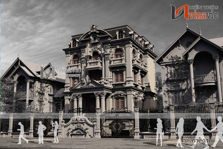 Phối cảnh góc nhìn chính Mẫu biệt thự 3 tầng kiểu Pháp