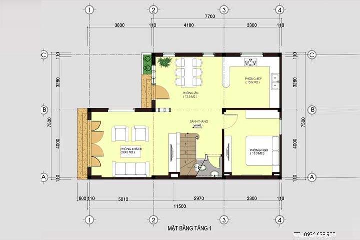 Mặt bằng tầng 1 mẫu thiết kế nhà biệt thự đẹp 3 tầng BT1405